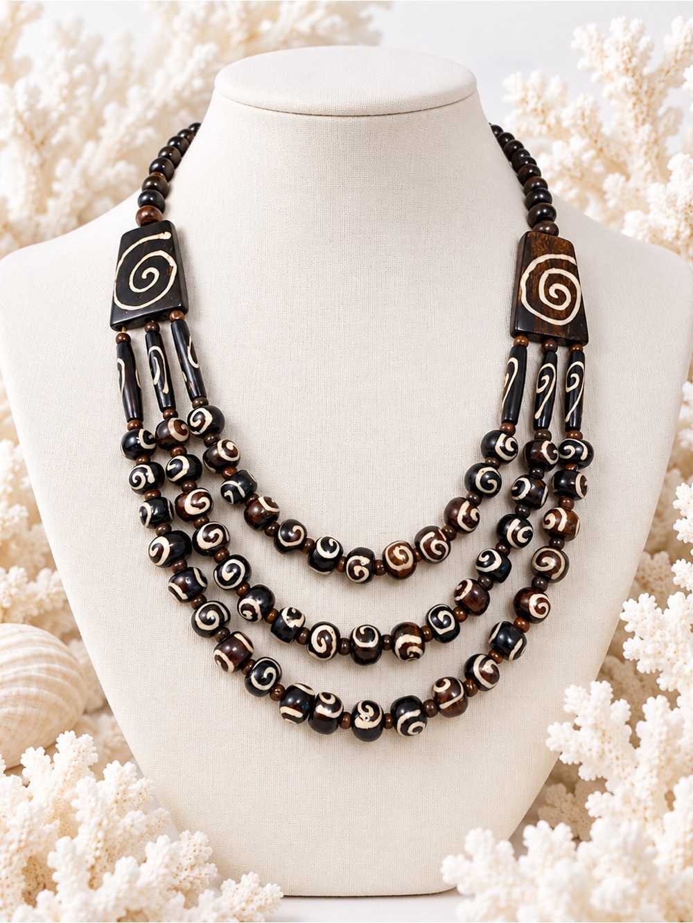 Handcrafted Brown & Black Spiral Bead Layered Necklace